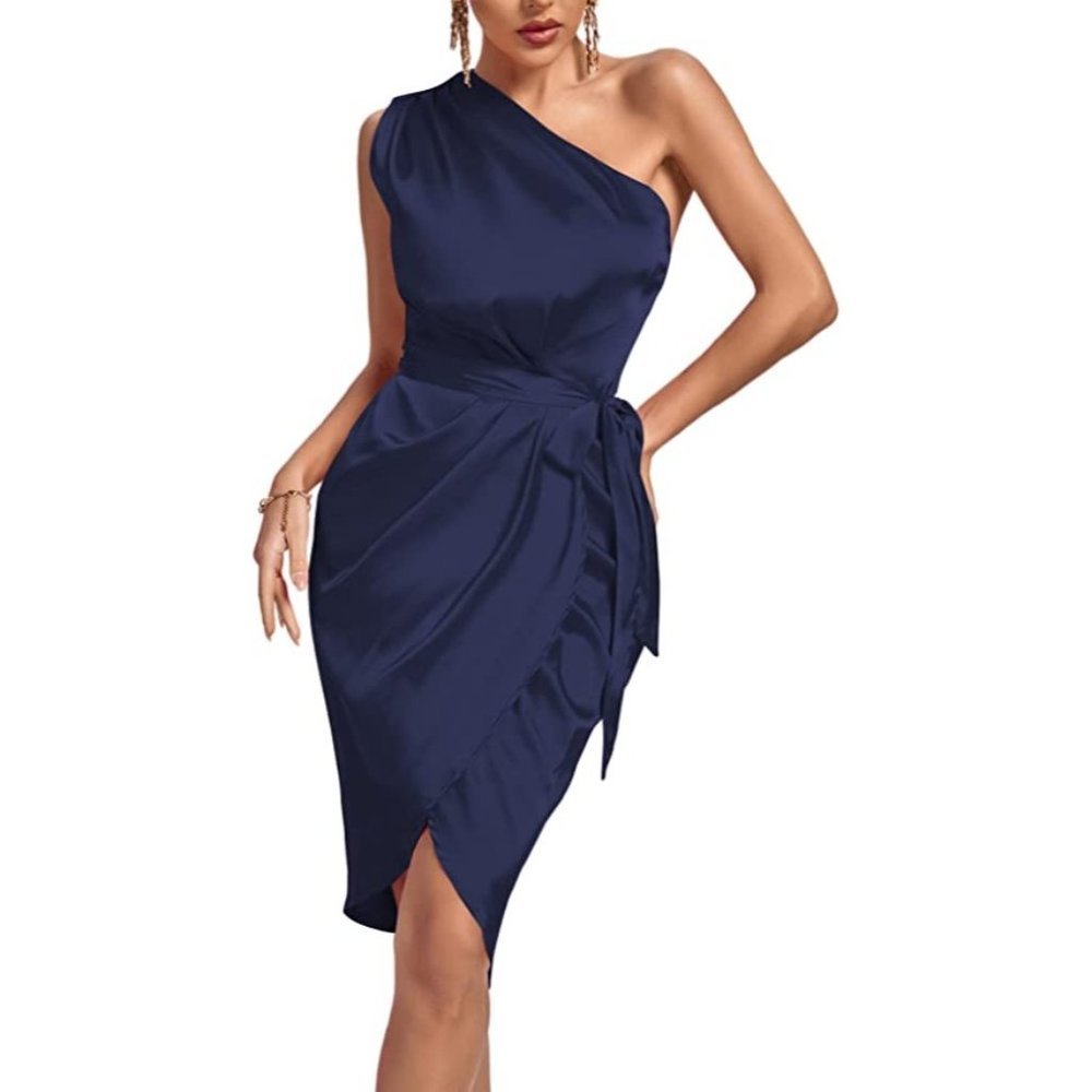 Women's Navy Blue Satin One Shoulder Off Ruched Front Slit Tie Waist Cocktail Dr